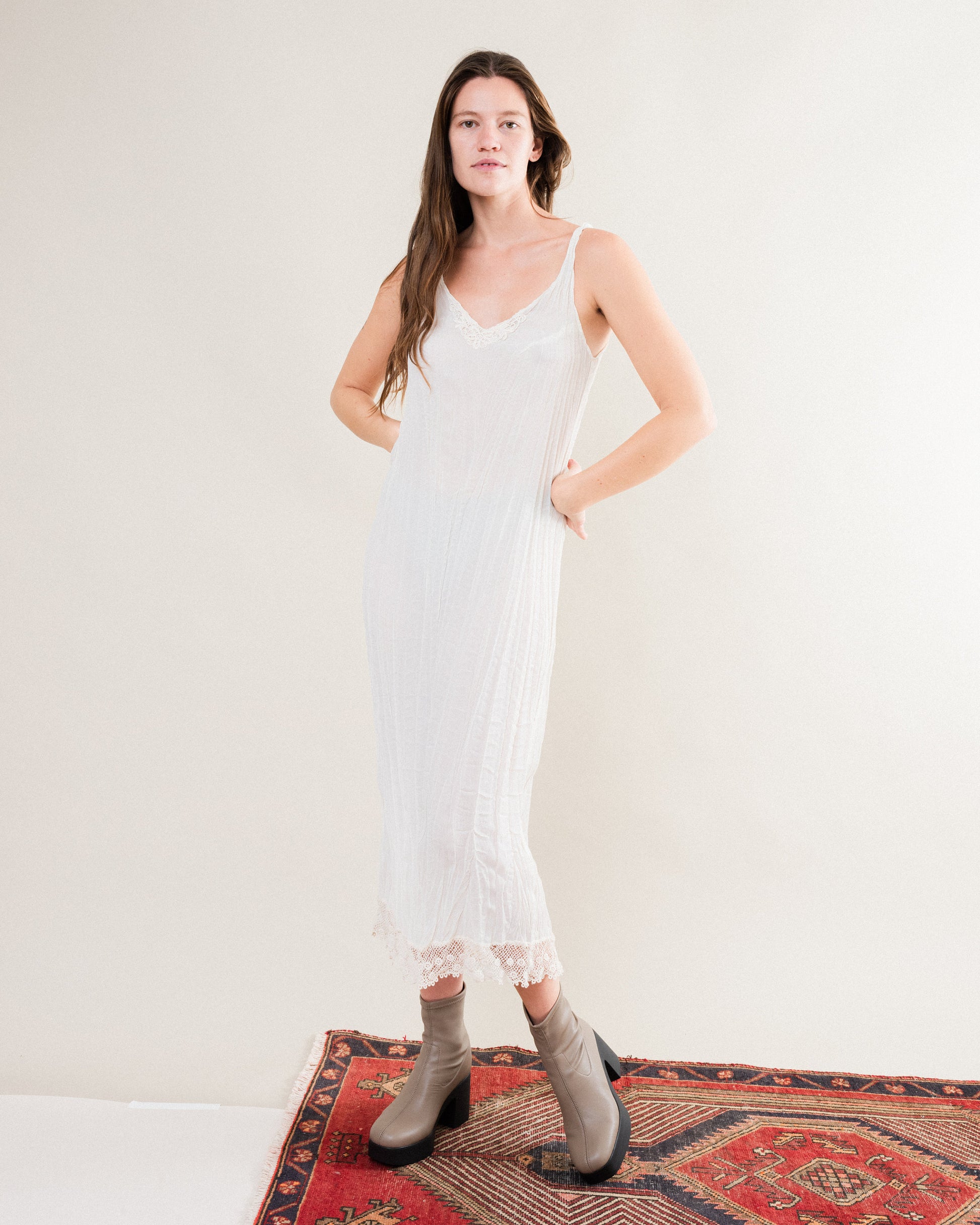 Vintage White Crinkle Slip Dress / S