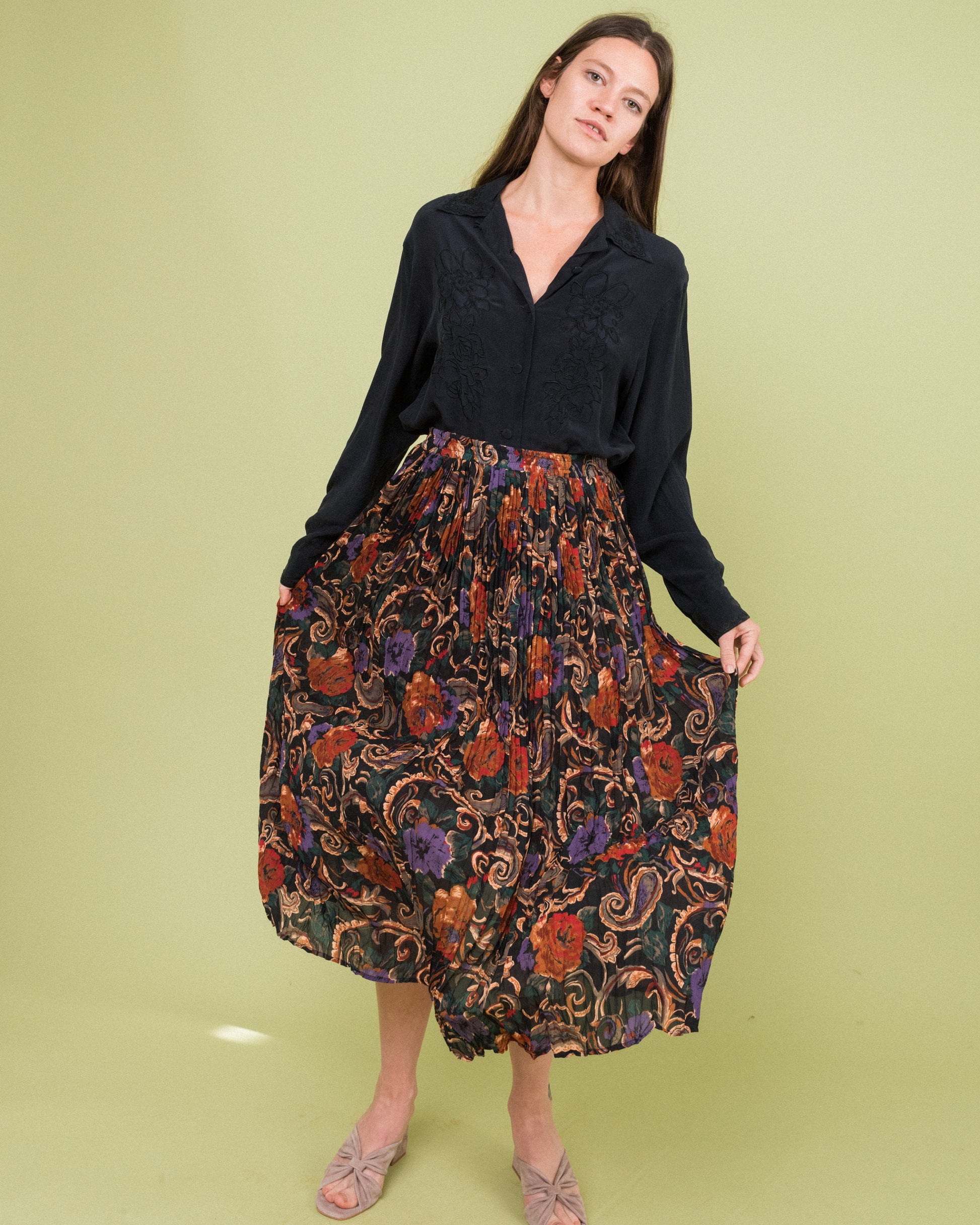 Vintage Floral Crinkle Chiffon Skirt (M)