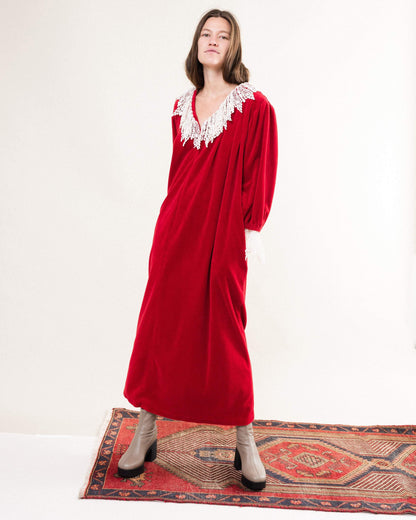 Vintage Cherry Red Velour Maxi Kaftan Dress (S-L)