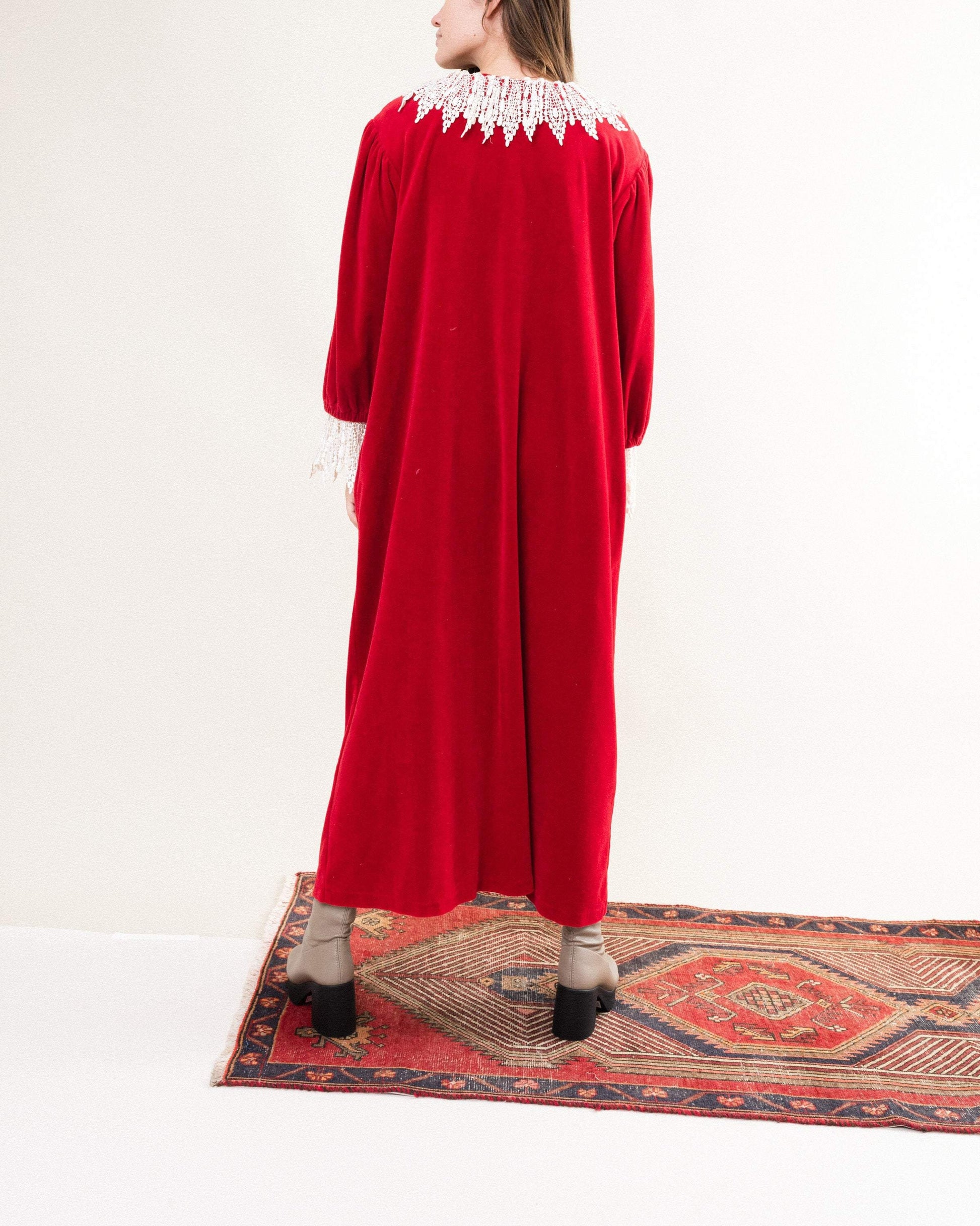 Vintage Cherry Red Velour Maxi Kaftan Dress (S-L)