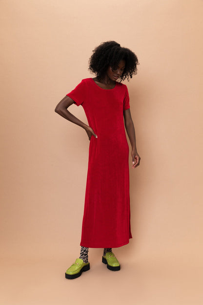 Vintage Cherry Red Slinky Maxi Dress (S)